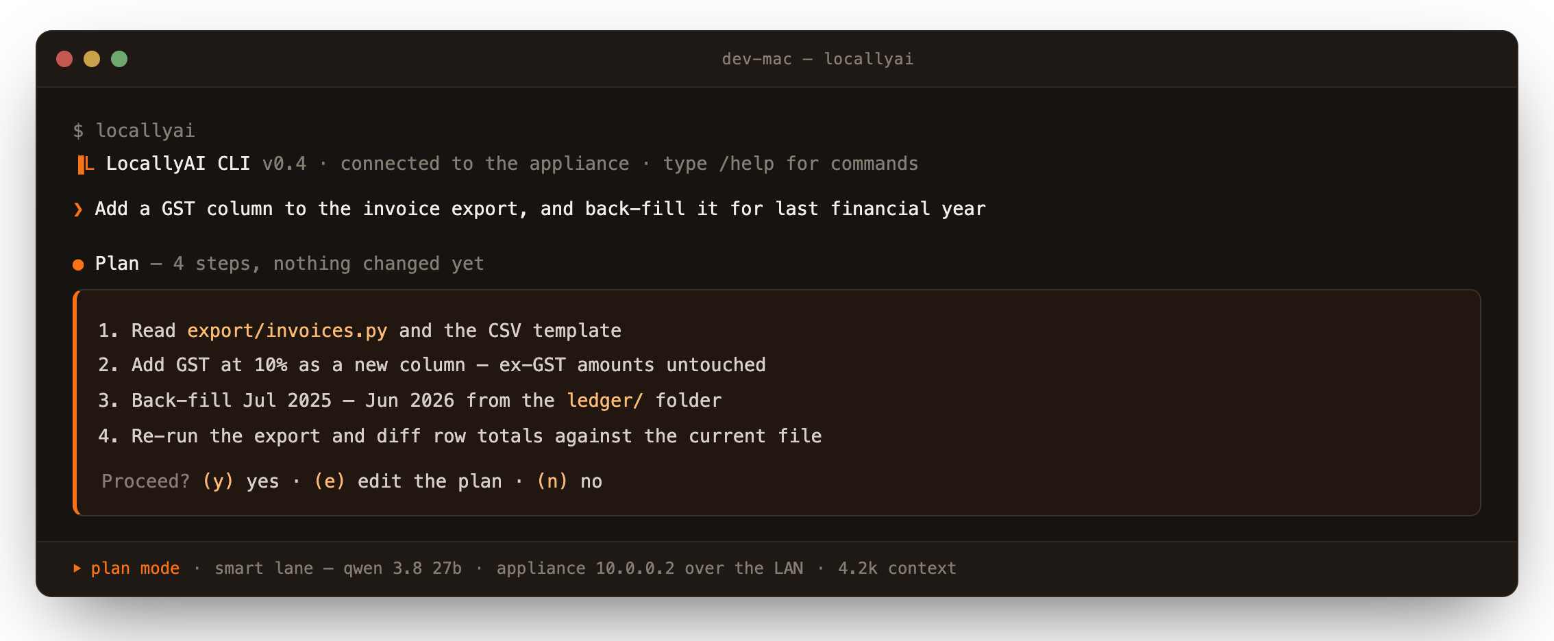 The LocallyAI CLI in a terminal — a four-step plan awaiting approval, the status line showing plan mode and the Smart-lane model served from the appliance over the LAN