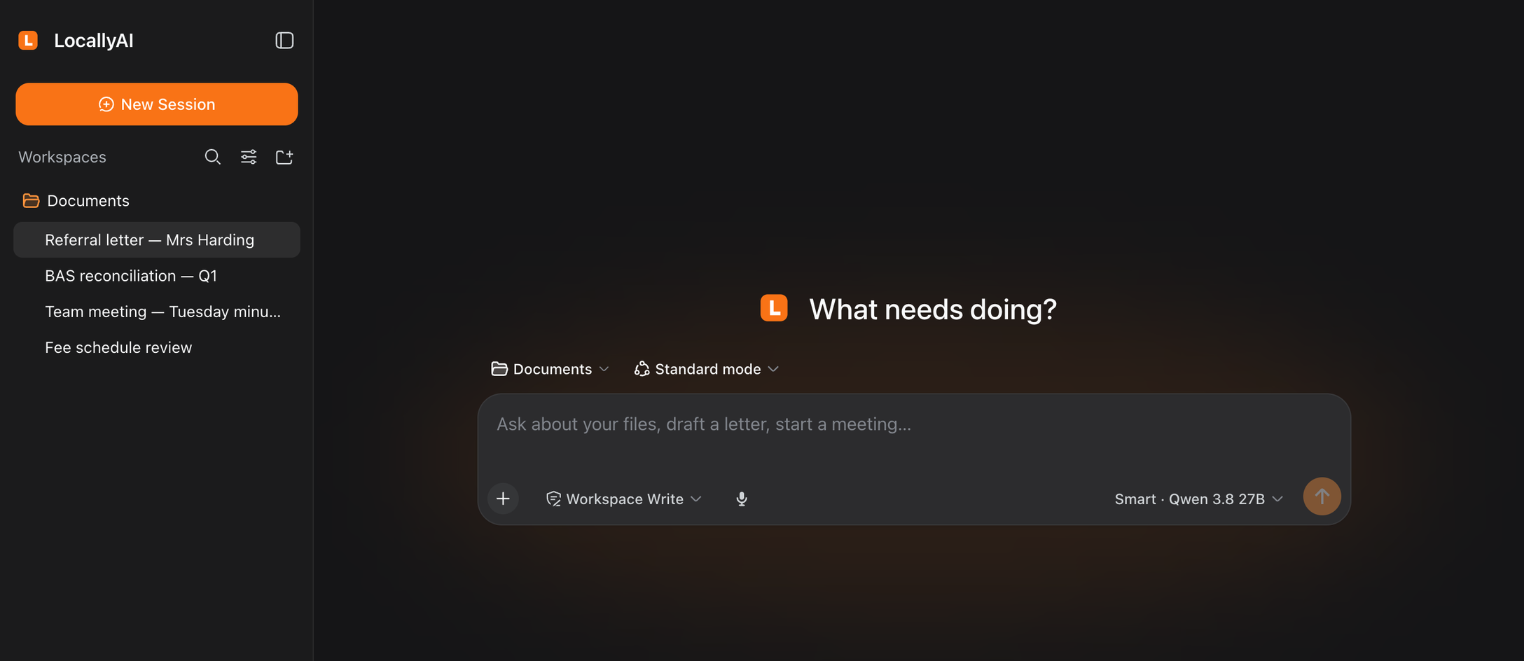The LocallyAI Harness — the office's sessions listed on the left, and one question in the middle: What needs doing?
