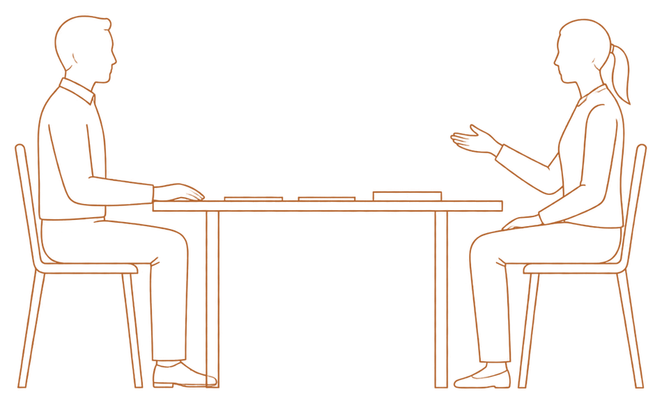 Line drawing of two people at a meeting table with papers and a boxed machine beside them